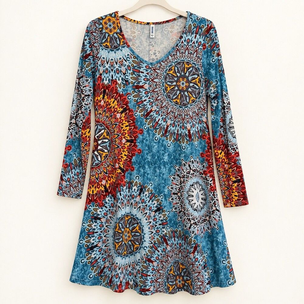 Dearcase XL Teal Mandala Print Long Sleeve V Neck Swing Dress Rayon Spandex Boho